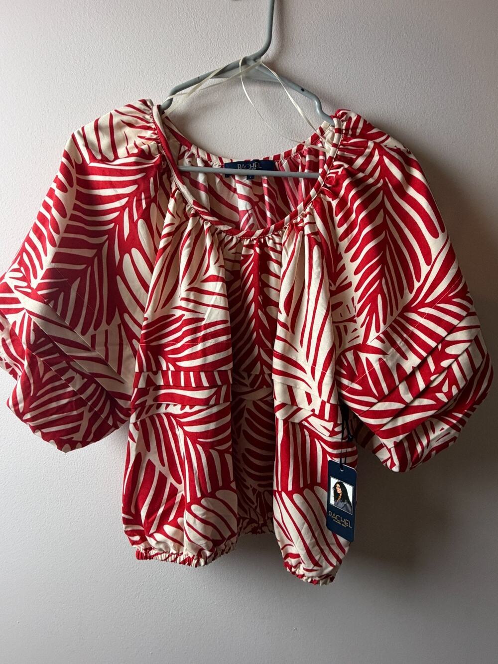 RACHEL Rachel Roy Women’s Large Red Ivory Balloon Sleeve Blouse NWT